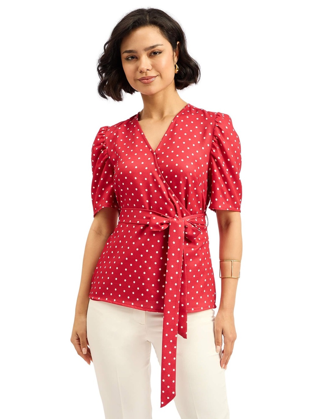 Ann Taylor Red Polka Dot Wrap Blouse with Tie Waist LP